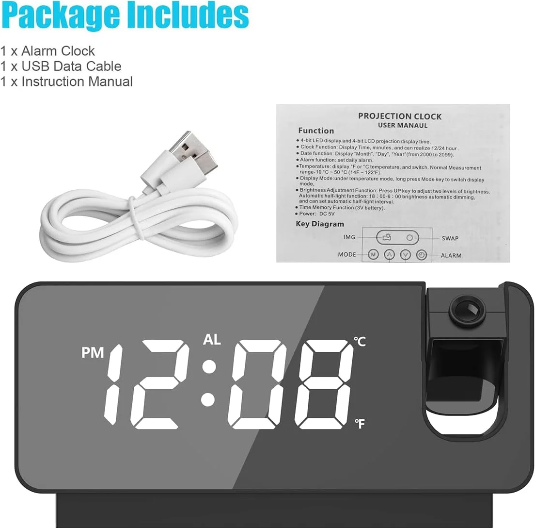 Horloge avec projecteur RGB RECHARGEABLE , Réveil Numérique ,Température et Luminosités Réglable