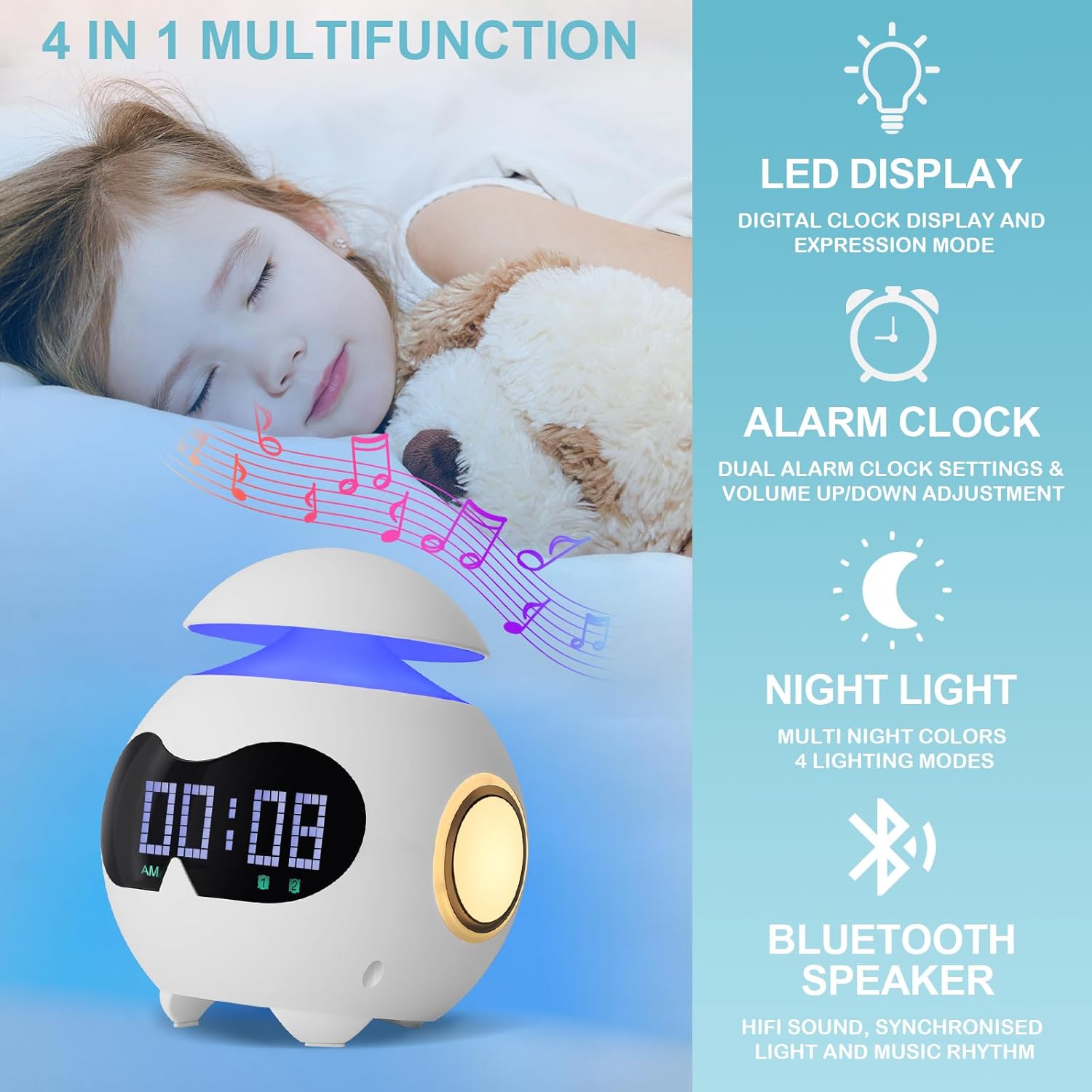 Réveil Numérique Rechargeable Robot Mignon avec USB, Horloge LED